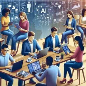 Animatiebeeld gegenereerd met Microsoft Co-pilot. Groep professionals die samenwerken aan laptops en tablets, omringd door AI- en technologie-iconen, symboliserend innovatie en digitale samenwerking