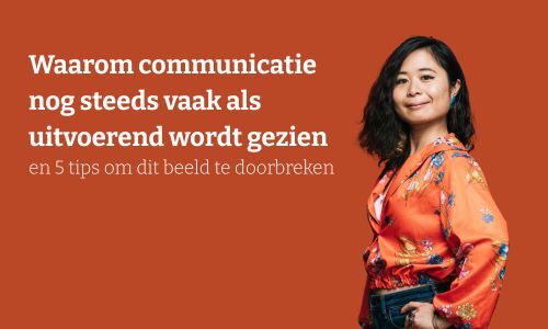 Vrouw in bloemenblouse naast titel over uitvoerend imago van communicatie.